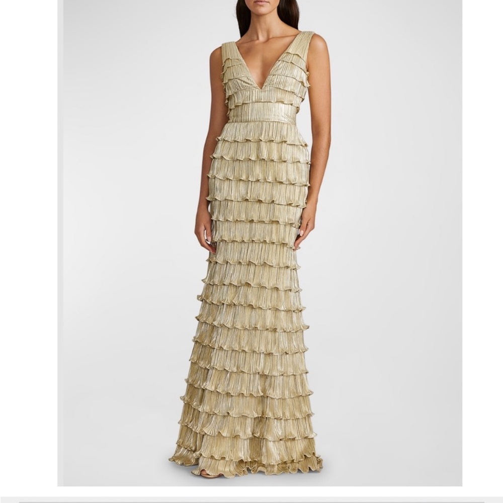 Zac Posen V-Neck Metallic Ruffle Gown